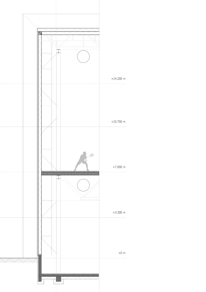 Facade fragment of two sport halls one above the other, with the ribs cut lengthwise.